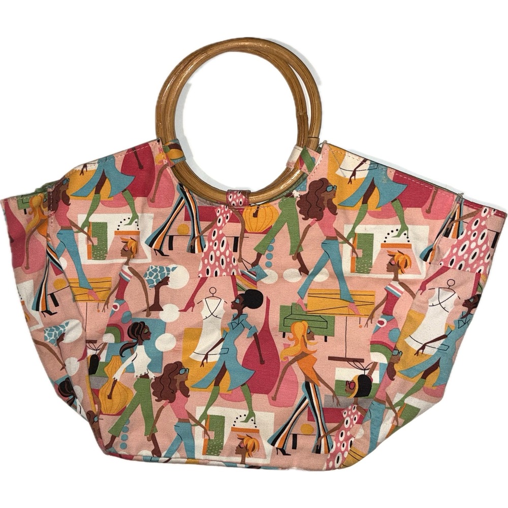 Neiman Marcus Y2K Retro Fashion Print Canvas Wood Handle Tote